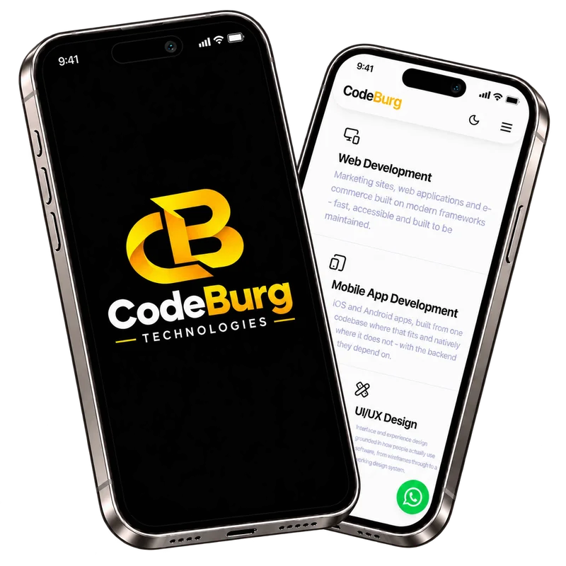 Two phones: the Code Burg Technologies splash screen and the Code Burg services list