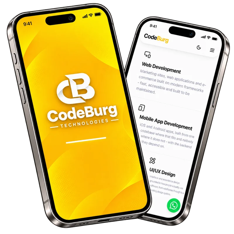 Two phones: the Code Burg Technologies splash screen and the Code Burg services list