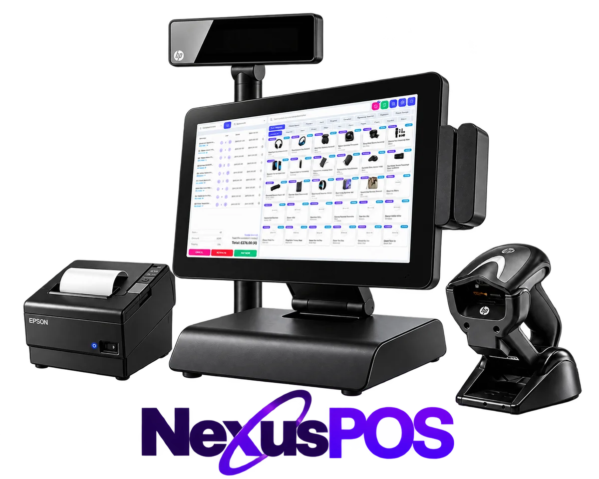 Nexus POS on a counter-top terminal with a customer display, receipt printer and barcode scanner