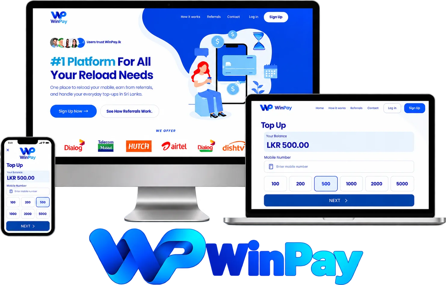 WinPay on a desktop, laptop and phone: the winpay.lk home page and the mobile top-up screen