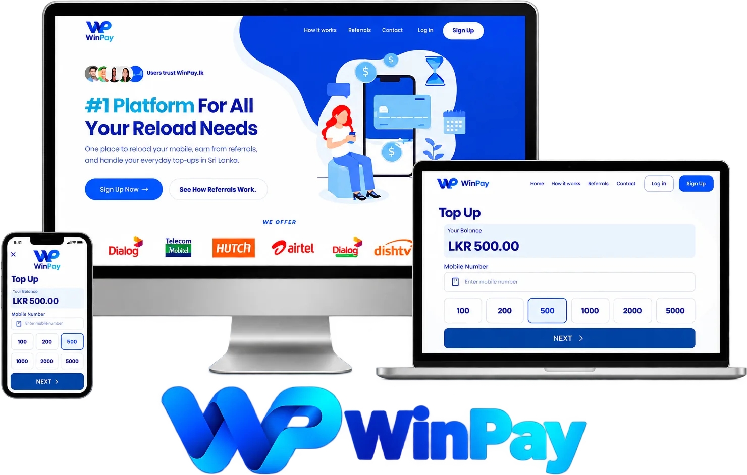 WinPay on a desktop, laptop and phone: the winpay.lk home page and the mobile top-up screen